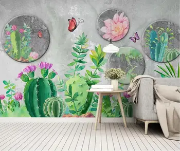 

Cacti Cactus Wall Mural Nordic Flower Wallpaper Grey Background HD Printed Photo Wall Paper Home Improvement Butterfly Wallpaper