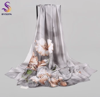 

[BYSIFA]Winter New Grey Silk Scarf Shawl Women Fashion Brand Floral Ladies Long Scarves Hijabs Spring Fall Neck Scarf Foulard