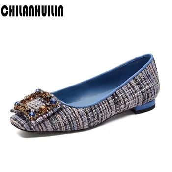 

Plus size genuine leather women flats ballet shoes bling crystal square toe flats shoes elegant lady casual dress wedding shoes