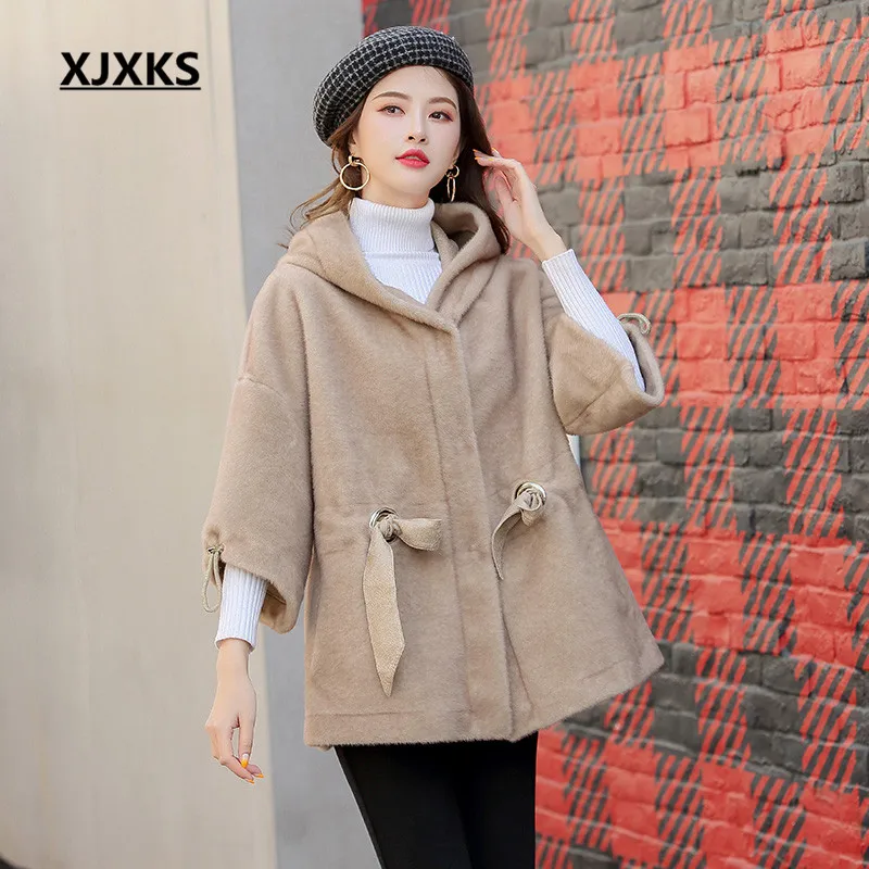XJXKS модное свободное Женское шерстяное пальто большого размера с капюшоном 2019 зимнее Новое Удобное повседневное женское пальто с поясом
