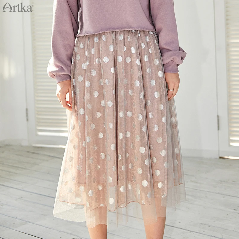 

ARTKA 2019 New Autumn Women Skirt Vintage Dot Print Skirt Elegant Mesh Skirt Elastic Waist Long Skirt For Women QA10191Q