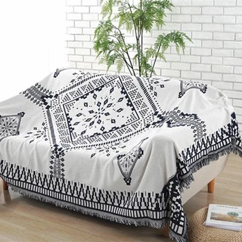 

Double Sides Throw Blanket Black White Geometric Pattern Knitted Cotton Bed Spread Couch Covering Quilt Floor Carpet 130x180cm