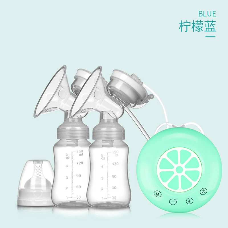 Двойные молочные насосы, Электрический молокоотсос, один с бутылочкой, лимон, для младенцев, USB, BPA бесплатно, мощная грудь, насос для кормления детей, T2259 - Цвет: Double BLUE