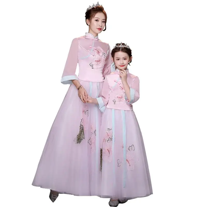 Комплект одежды для мамы и дочки, Qipao Hanfu/ г. Весеннее розовое платье комплект из 2 предметов: топ+ юбка одинаковые комплекты для семьи J57