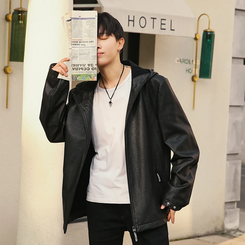 

Genuine Jacket Men Spring Autumn Mens Sheepskin Leather Jackets Fashion Hooded Coat Chaqueta Cuero Hombre 16-032 YY133