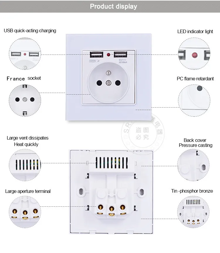 13A круглое отверстие с 2 USB зарядным устройством ing phone Полезная ЕС стандартная розетка, Кристальное стекло панель выход 2.1A двойной usb-порт для зарядки