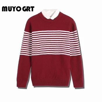 

MUYOGRT Men's Knitted Sweater Autumn Winter Casual O-Neck Striped Slim Mens Sweaters Red Pullovers Jumper Pull Homme Clothes