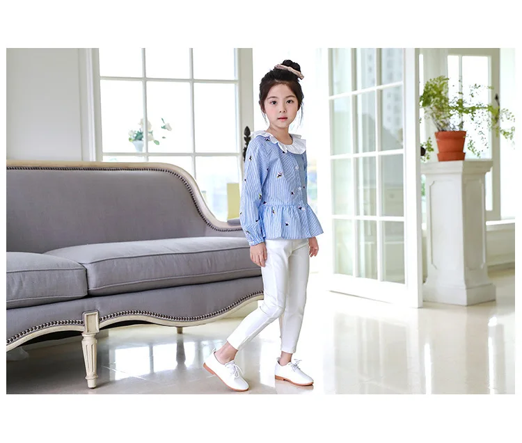 Spring New Products Girls Long Sleeve Vertical Striped Shirt Korean-style Childrenswear Big Boy Peter Pan Collar Tops D087