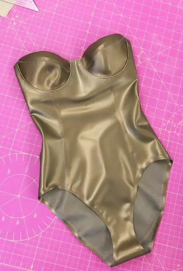 

Sexy Latex Catsuit for Adult Women Bare Legged Rubber Bodysuit Bra Cup Swimwear Bodice Zentai Suit Customize