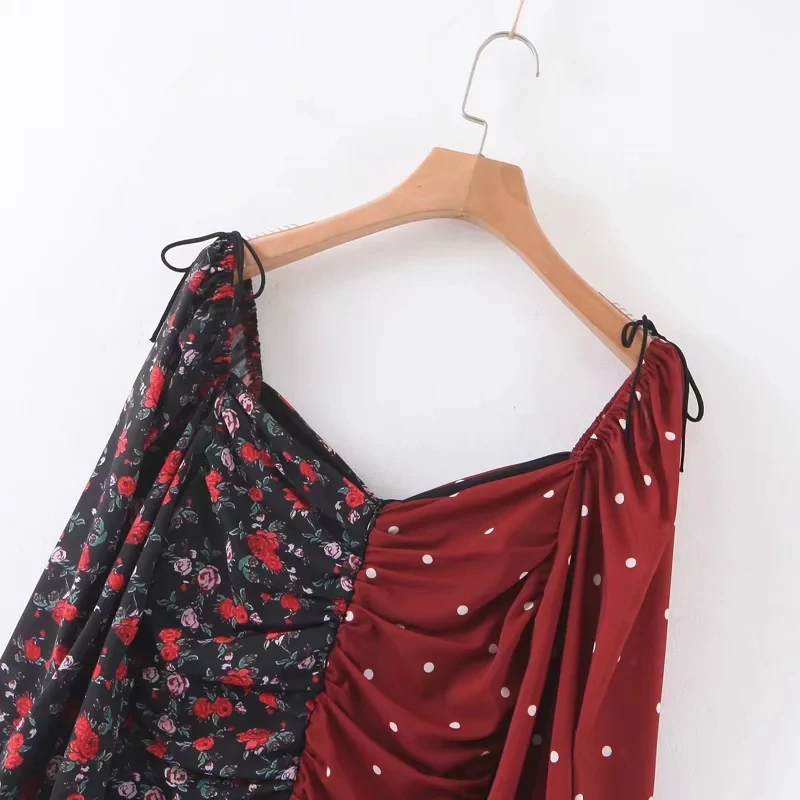 Vintage sexy floral dress off shoulder ruched mini dress boho beach dress polka dot long sleeve dresses kawaii vestidos elegant