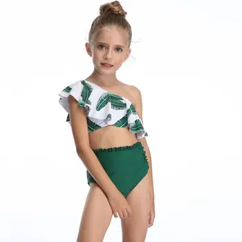 

2020 Summer MEIYIER sexy little girls bikini set one shoulder swimsuit kids high waist bathing suit 2 piece swimwear for child