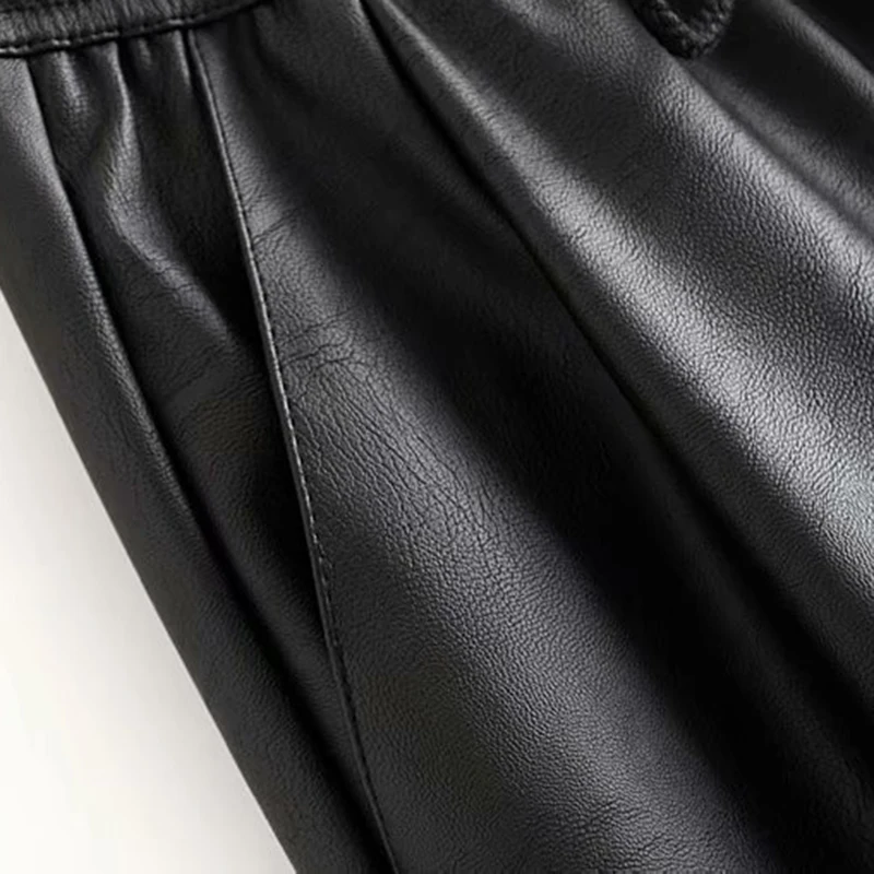 Винтажные стильные женские брюки из искусственной кожи с карманами, модные женские брюки с эластичной резинкой на талии и завязками