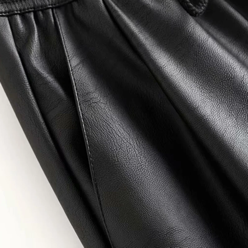 Vintage Stylish Pu Leather Pockets Pants Women 2020 Fashion Elastic Waist Drawstring Tie Ankle Trou