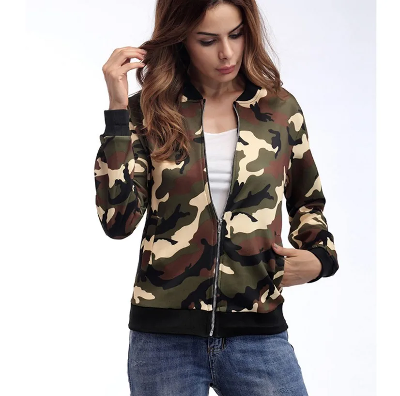 2019 women's camouflage uniform spring and autumn military green jacket fashion zipper baseball jacket women's jacket wholesale