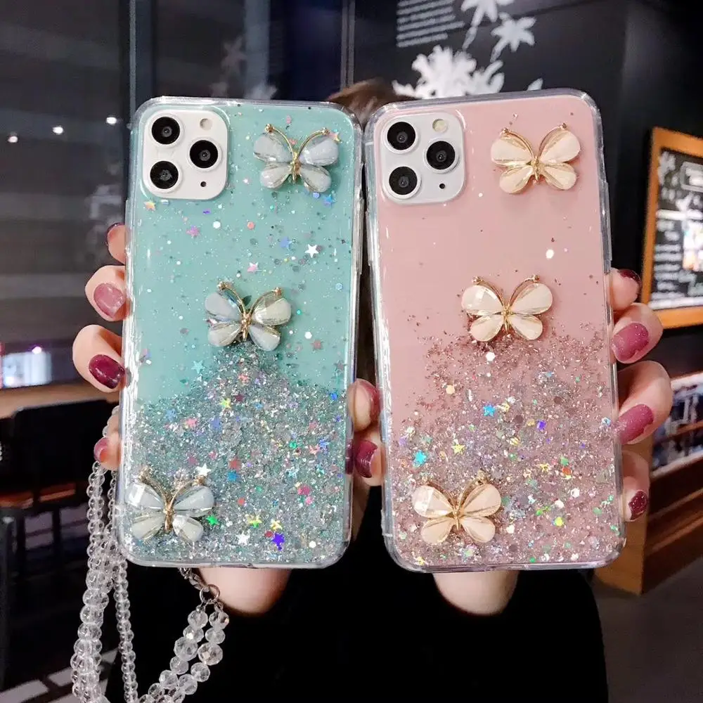 3D Блестящий Мягкий силиконовый чехол с жемчужными бабочками для iPhone 12 Pro Max XR X XS 6 6s