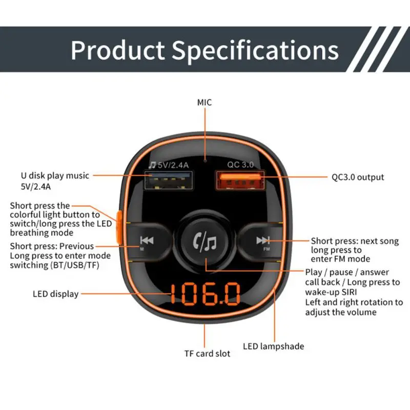 QC3.0 Bluetooth MP3 плеер в автомобиль Быстрая зарядка fm-передатчик красочный атмосферный светильник дисплей