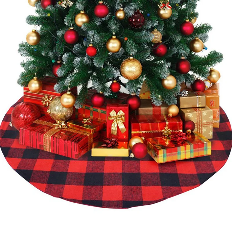 48Inch Buffalo Plaid Christmas Tree Skirt Red Double Layers Xmas Tree Skirt for Hotel Christmas Tree Decor for Home