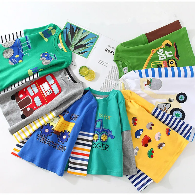 Spring Autumn For 2-9 10 Years Children Cotton Striped Patchwork Cartoon Car Bus Truck Baby Kids Boys Long Sleeve T Shirts