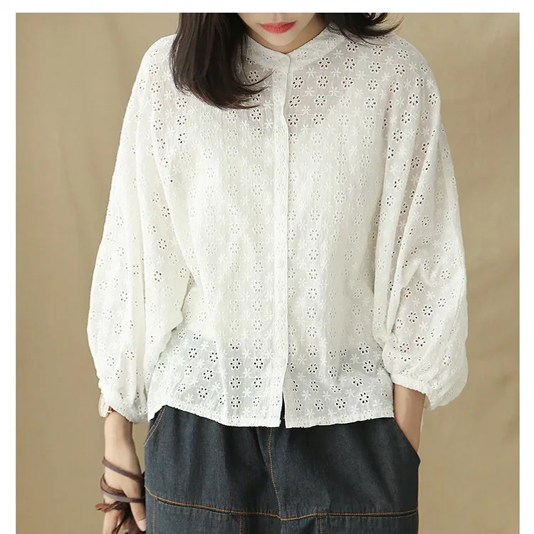 Hollow out sweet lantern sleeve cotton stand collar loose shirt blouse female mori girl