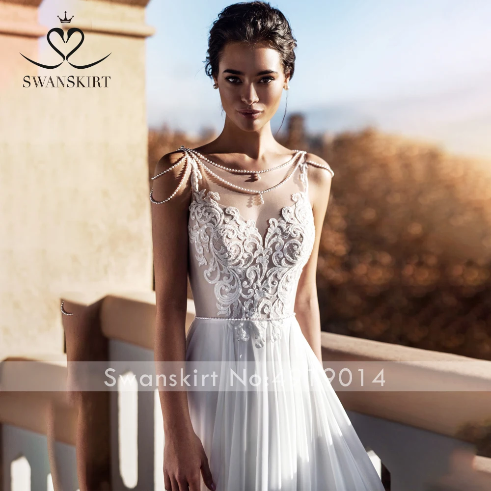 Романтическое свадебное платье с жемчугом, Swanskirt K314, аппликация, тюль, а-силуэт, иллюзия, принцесса, шлейф, свадебное платье, Vestido de novia