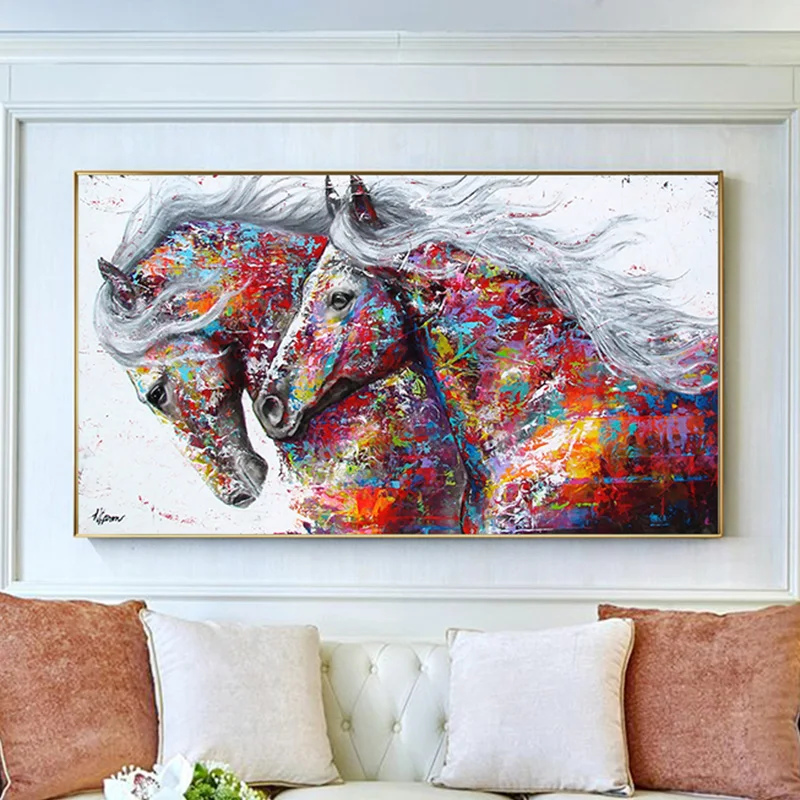 OUCAG две красочные лошади бег живопись печатных диких животных Водонепроницаемый Холст Плакаты стены искусства Картина декор для гостиной