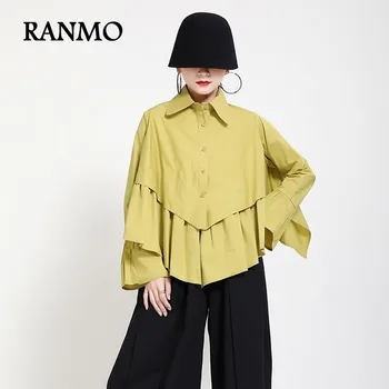 

RANMO 2020 Autumn Winter New Women Design Sense Streetwear Fashion Irregular Hem Pleated Long Sleeve Shirt 1629