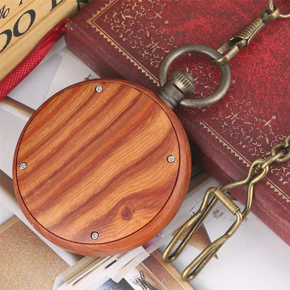 Antique Retro Wood Watch Quartz Movement Red Wooden Pendant Watch with Bronze Hanging Chain Flying Eagle Display Pocket Clock
