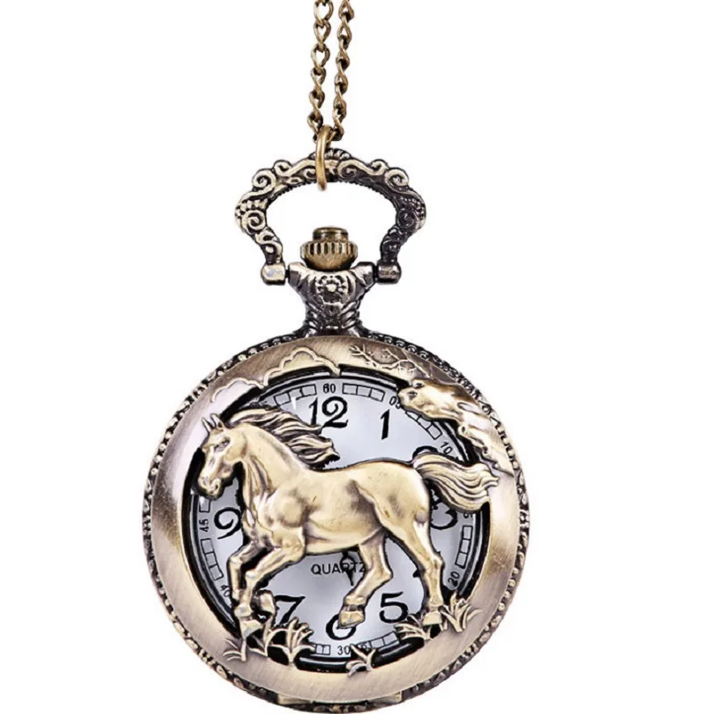 Pocket Watch Men Horse Pattern Quartz Vintage Chain Retro With Necklace Womens Gift 3