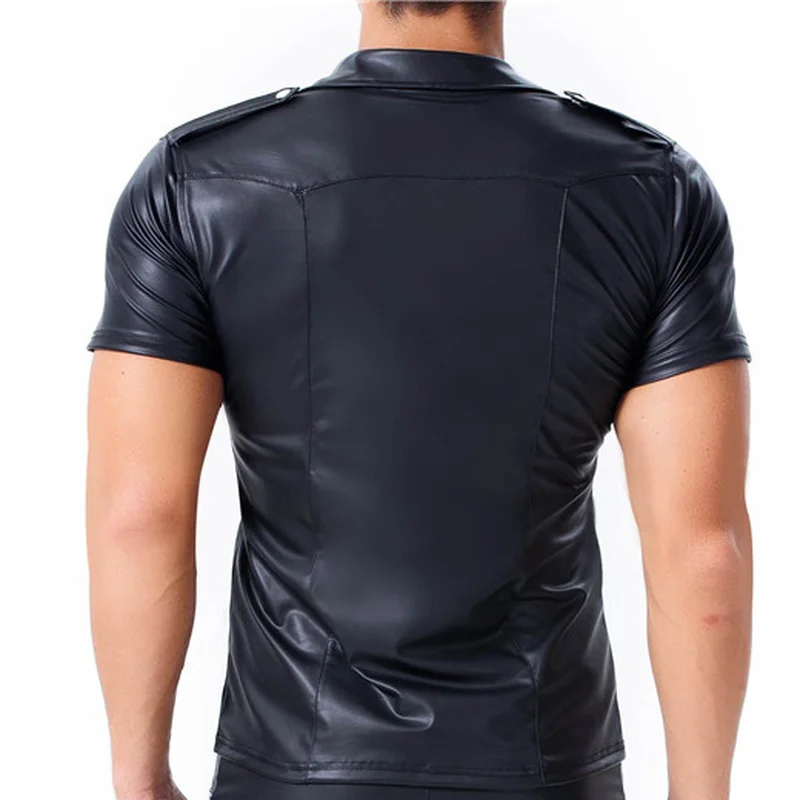 Men's T Shirts PU Leather Short Sleeve Slim Fit Shirts Male Dance Stage Clubwear T-shirt Male Streetwear Tops Tee Plus Size 3XL