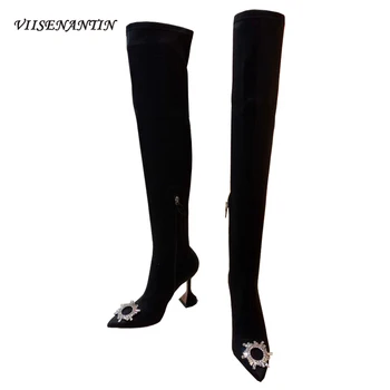 

Autumn Winter New Fashion Pointed Toe Socks Boots Rhinestone Sun Flower Crystal Decoration Sexy Thin High Heel Solid Women Shoes