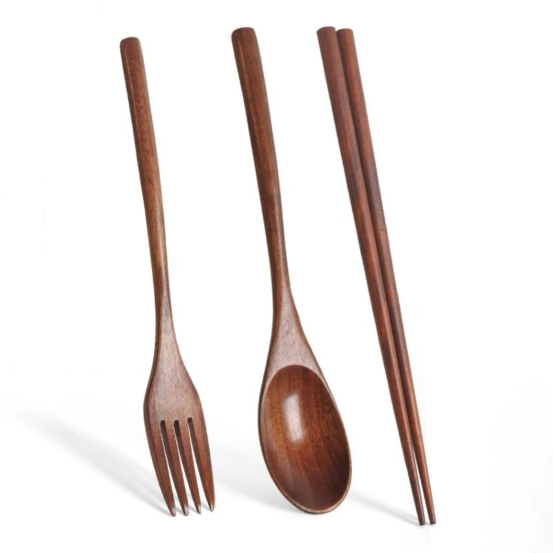 Natural Wooden Spoon Chopsticks Fork Dinner Kit Rice Soups Utensil