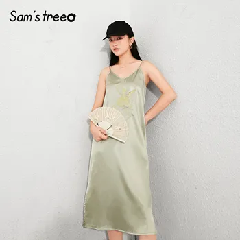 

SAM'S TREE Champagne Crane Embroidery Casual Women Satin Sling Dress 2020 Summer New Sleeveless Korean Ladies Slim Party Dresses