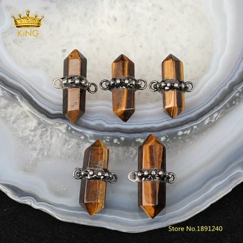 

5pcs Double Stick Tiger Eye Point Connectors,Faceted Hexagon Points Paved Gunmetal Links Charms for Necklace Findings