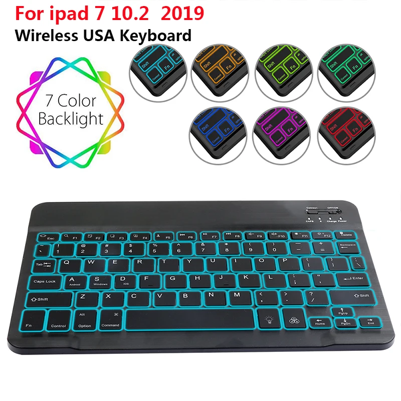 Планшет с подсветкой английская клавиатура для ipad 7 10,2 7 цветов Беспроводная Клавиатура США тканевый чехол для планшета кожаный чехол+ держатель для ручки