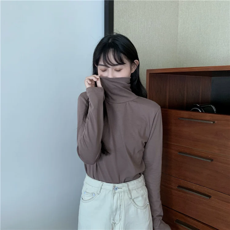 Qiu dong/качественная Стильная однотонная многоцветная Верхняя одежда без подкладки, футболка, Женский Топ с высоким воротом ba