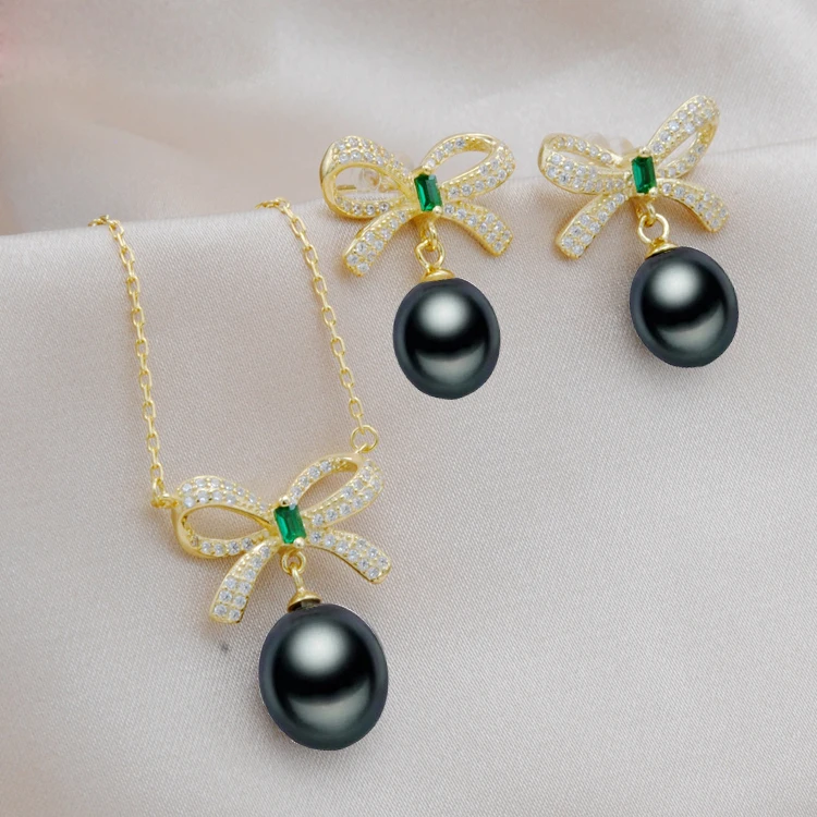 

MeiBaPJ 2 Colors Real 925 Sterling Silver Big Bow Jewelry Set Rice Pearl Pendant Earrings Wedding Jewelry for Women