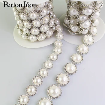 

1yard Large round pearls rhinestones trim Ribbon crystal metal chain for dress,bag,shoes accessories ML032