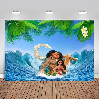

Photography Background Natural Scenery Blue Ocean with Princess Moana and Maui 7x5ft Green Tropical Vinyl Backdrop