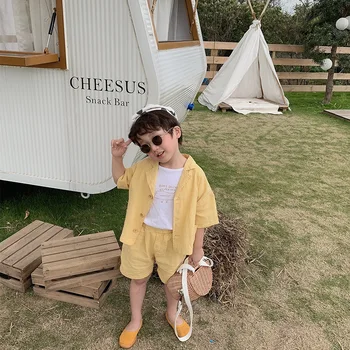 

2020 Summer Boys and Girls Casual Solid Color Cotton Linen Set Toddler Children Short Sleeve Blouse with Shorts Two Pieces Sets