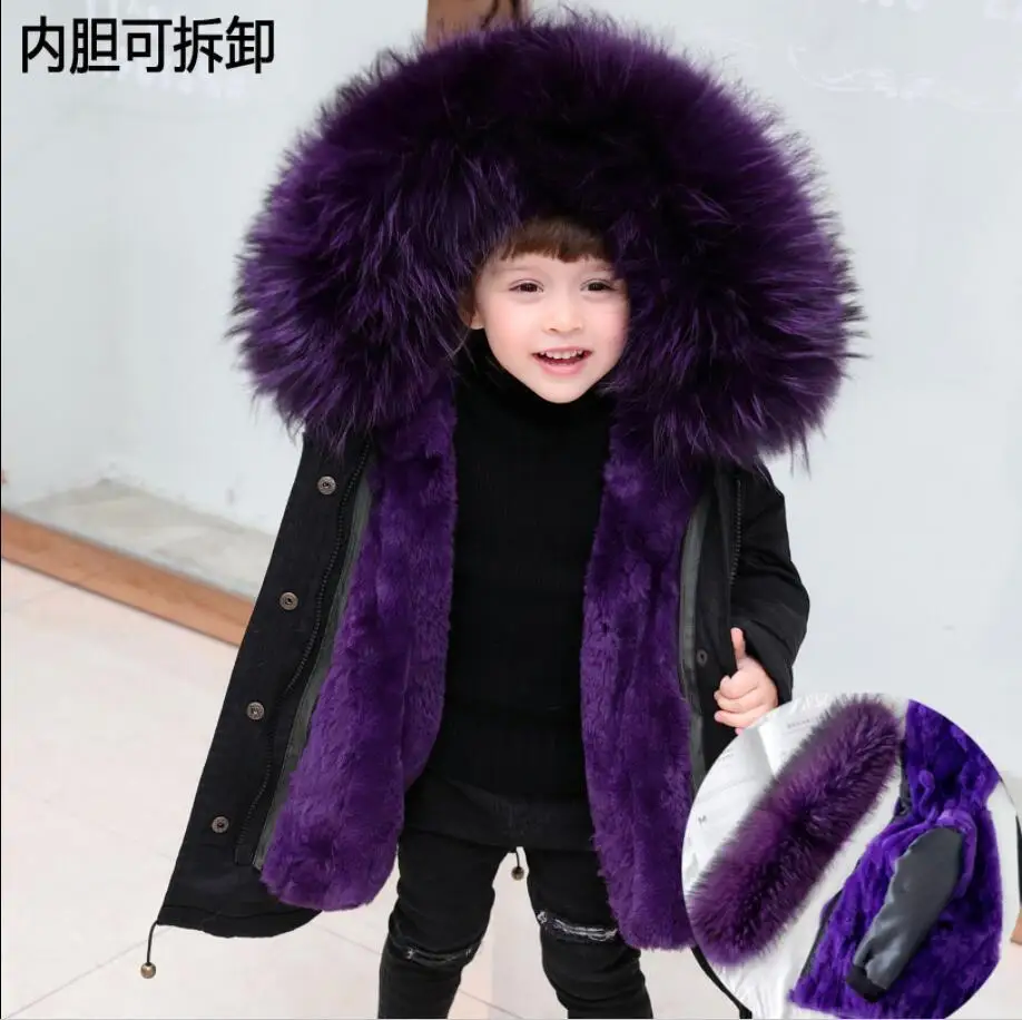 KCX black purple Г. Осенне-зимнее Детское пальто с капюшоном для девочек и мальчиков, Толстая теплая искусственная подкладка из кроличьего меха Рекс модные подростковые парки верхняя одежда K189 - Цвет: KCX black purple