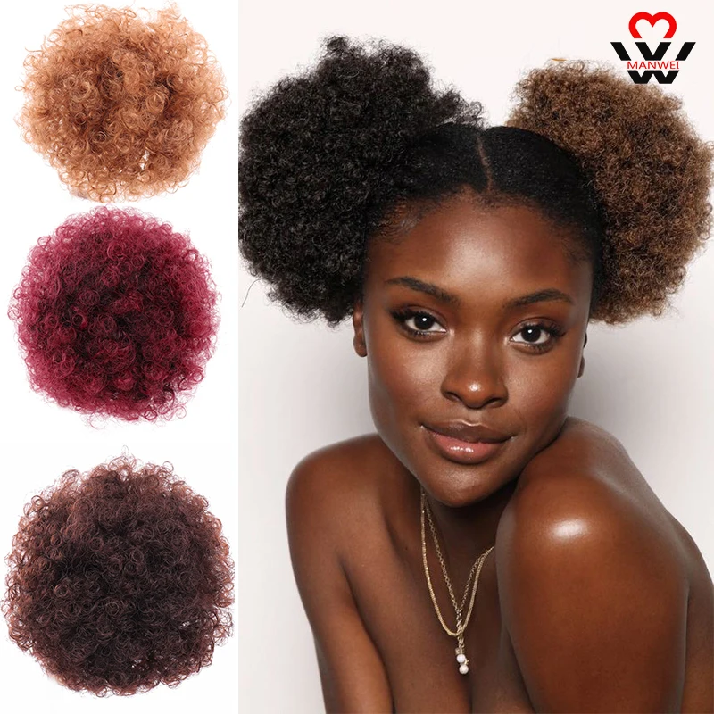 

MANWEI Afro Bun Short Kinky Curly Wrap Drawstring Puff Ponytail Bun Extension Synthetic Hair Large Round Hair Accessories