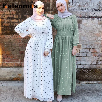 

KALENMOS Turkey Ramadan Abaya Muslim Dress Women Chiffon Elastic Waist Sweet Dots Party Moroccan Kaftan Hijab Islamic Vestidos