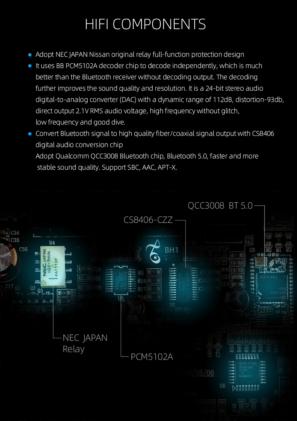QCC3008 Bluetooth 5,0 цифровой аудио декодер поддерживает APT-X SBC AAC передачи аудио усилитель лихорадка Hi-Fi декодирующий ресивер DC 5V