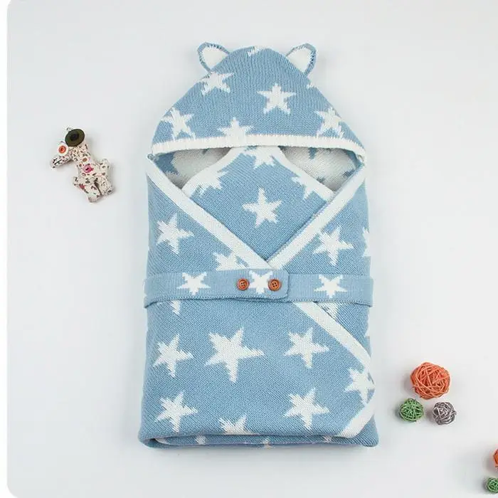 Cute Stars Envelope Style Swaddling Blanket Buttons Pink, Light Blue, Gray Hooded Baby Sleeping Bag
