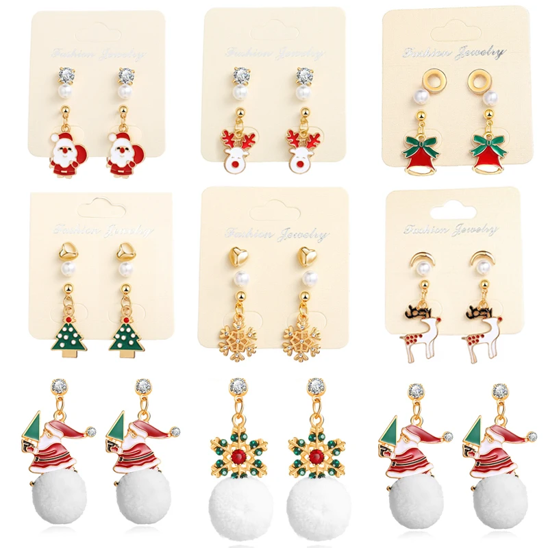 

2019 New Santa Claus Christmas Earrings Set for Women Snowman Bell Christmas Tree Ear Jewelry Accessories Christmas Gifts