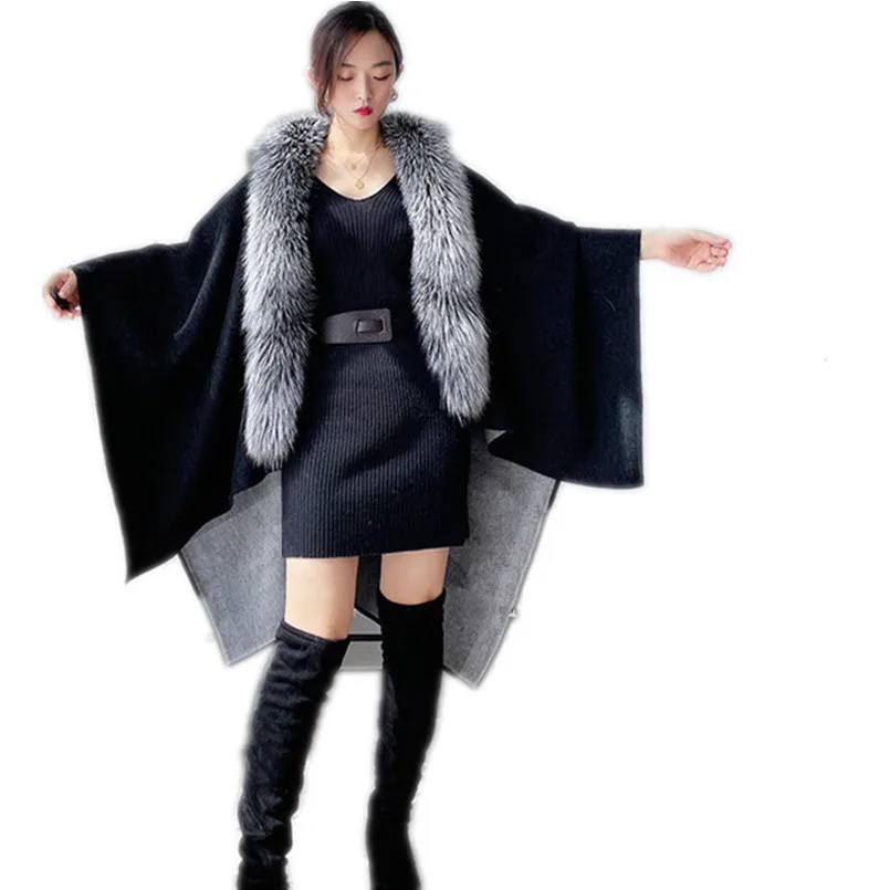 Women's Shawl 100% Wool Wraps with Real Sliver Fox Fur Collar  Poncho Winter  Party Capelet for Girl Stole