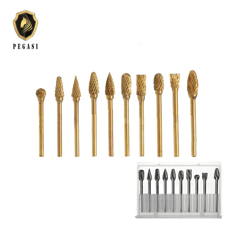 PEGASI 10pcs 3x6mm Tungsten Carbide Drill Engraving Bits Set For Metal Burr Tungstenio CNC Milling Cutter Dremel Mini Cone