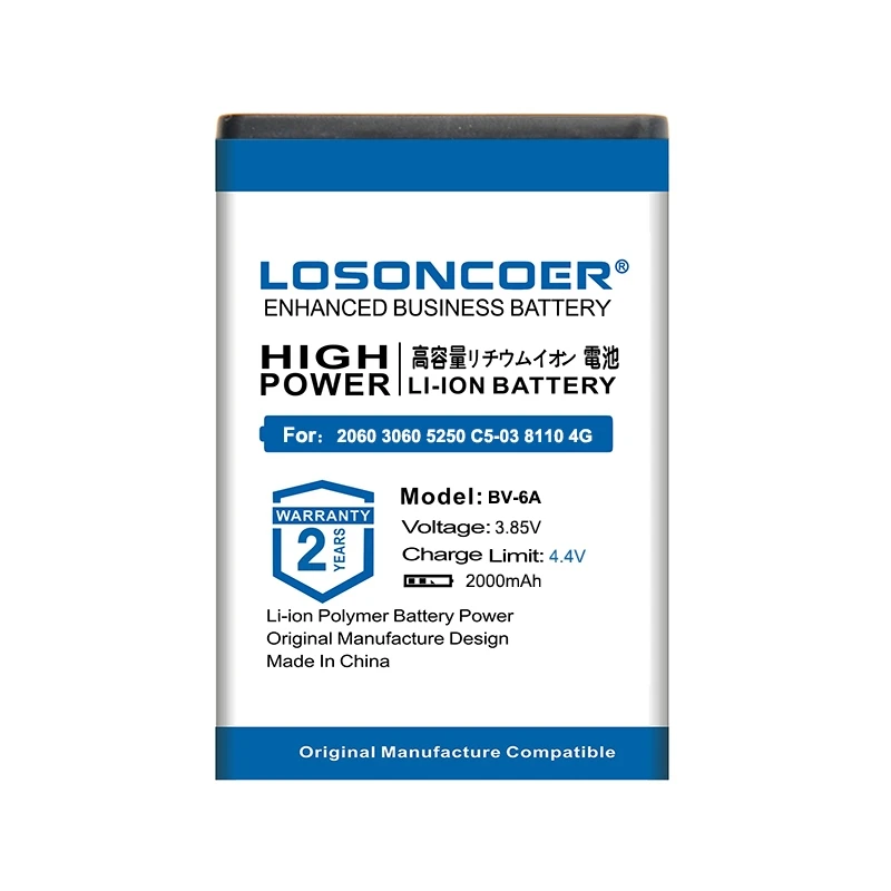 0 цикл LOSONCOER 2000 мАч BV-6A батарея для Nokia Banana 2060 3060 5250 C5-03 8110 4G батареи мобильного телефона