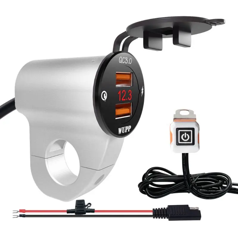 Silver Металлический 12V мотоциклов Водонепроницаемый QC3.0 Dual USB быстрой Зарядное устройство Светодиодный переключатель вольтметра - Тип штекера: Silver