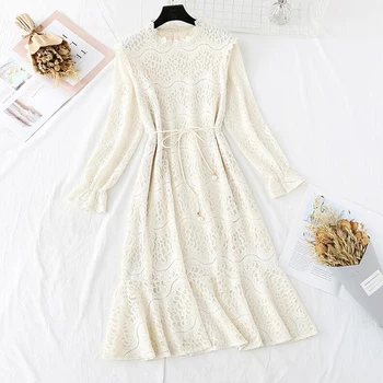 

2020 Spring Vintage Women Lace Dress Elegant Women Party Dress Casual Loose Bottoming Fishtail Dresses Long Sleeve Vestidos